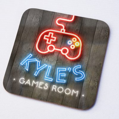 Personalised Games Room Coaster – Custom Neon Style Gamer Decor, Unique Mancave Gift, Computer Game Themed Coaster