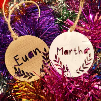 Personalised First Christmas Decoration Custom Keepsake Bauble in Wood or Acrylic