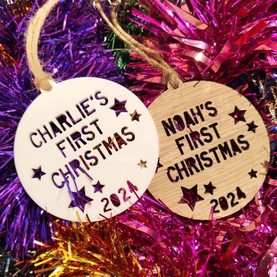 Personalised Baby’s First Christmas Bauble Custom Keepsake in Wood or Acrylic