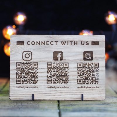 Personalised Wooden Social Media Countertop Sign with QR Code Custom Business Display