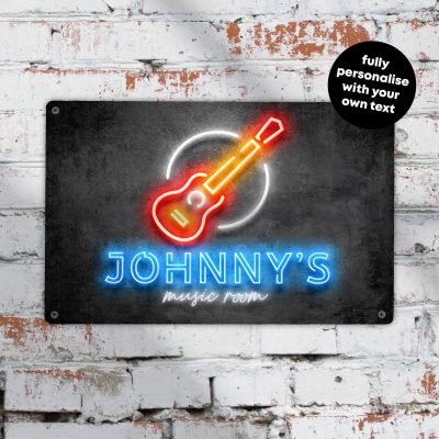 Personalised Music Room Sign: Neon Style Guitarist Decor
