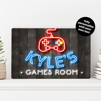 Personalised Games Room Sign Custom Neon Style Printed Wall Art Gamer Lounge Decoration
