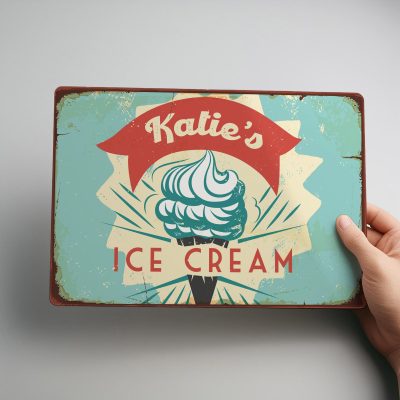 Retro Ice Cream Sign Personalised 1950s Diner Decor Metal Milkshake Bar Plaque