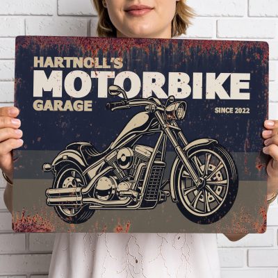 Rustic Motorbike Sign Personalised Wood Effect Metal Plaque for Biker Garage Decor