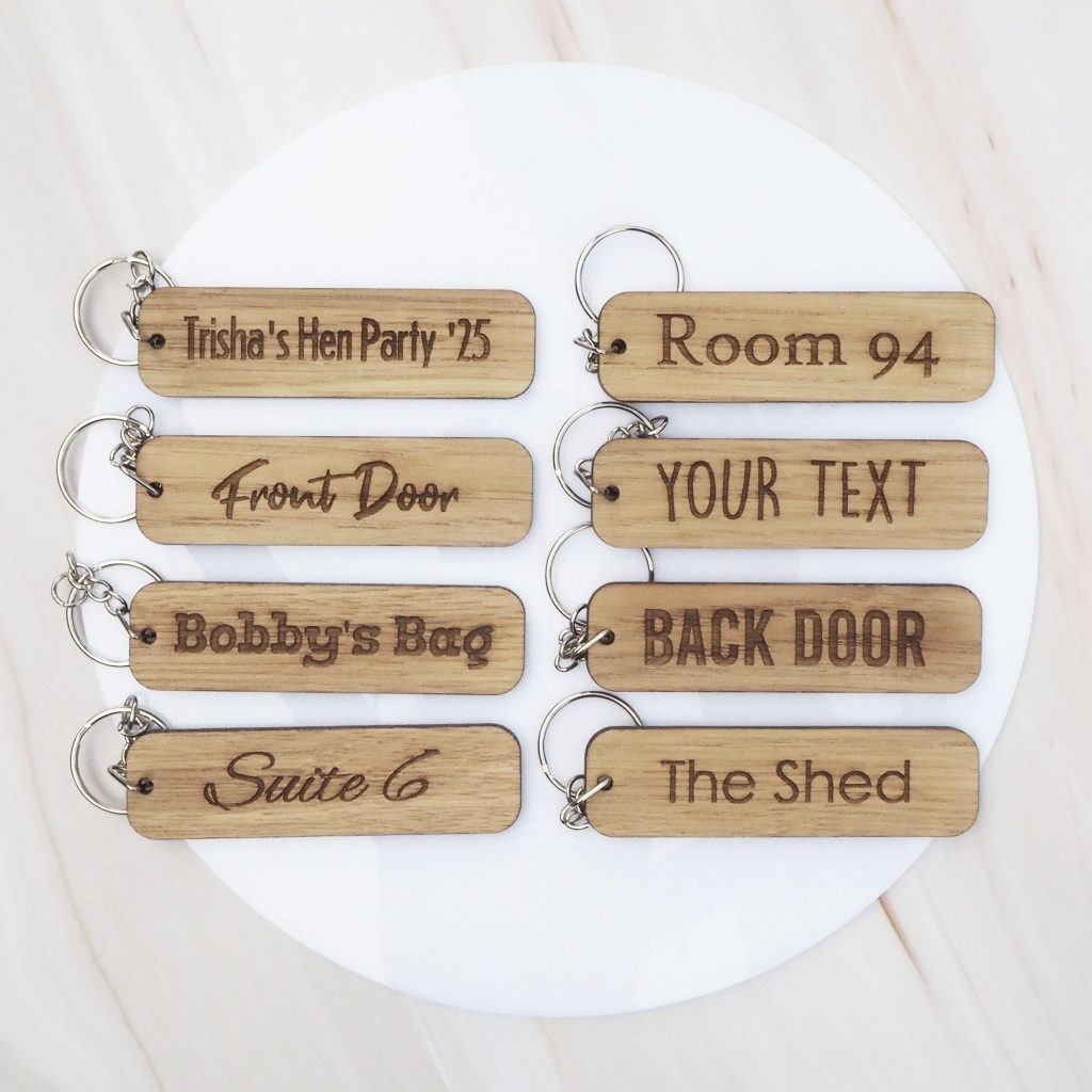 Personalised Wooden Keyring: Custom Engraved Oak Name Tag