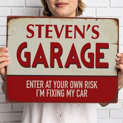Personalised Garage Sign Custom Metal Wall Art Workshop Plaque Vintage Car Mancave Decoration