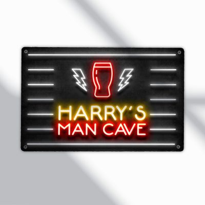 Man Cave Games Room Sign Personalised Neon Effect Metal Wall Art Gamer Decor