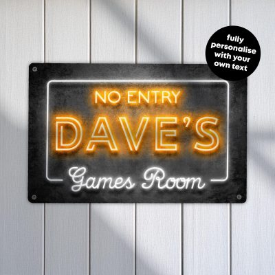 Personalised Games Room Sign Neon Style Metal Plaque Retro Arcade Gamer Gift Decor